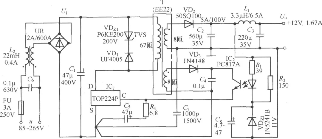 TOP224P構成的12V、20W開關直流穩壓電源電路
